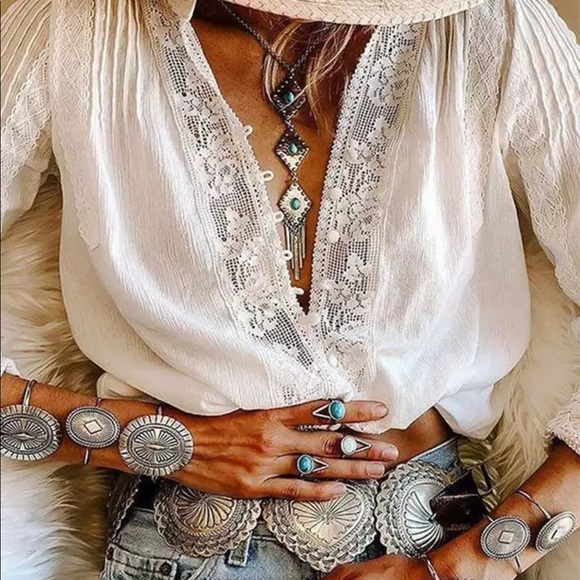 Tops - White boho lace crochet button up shirt gypsy